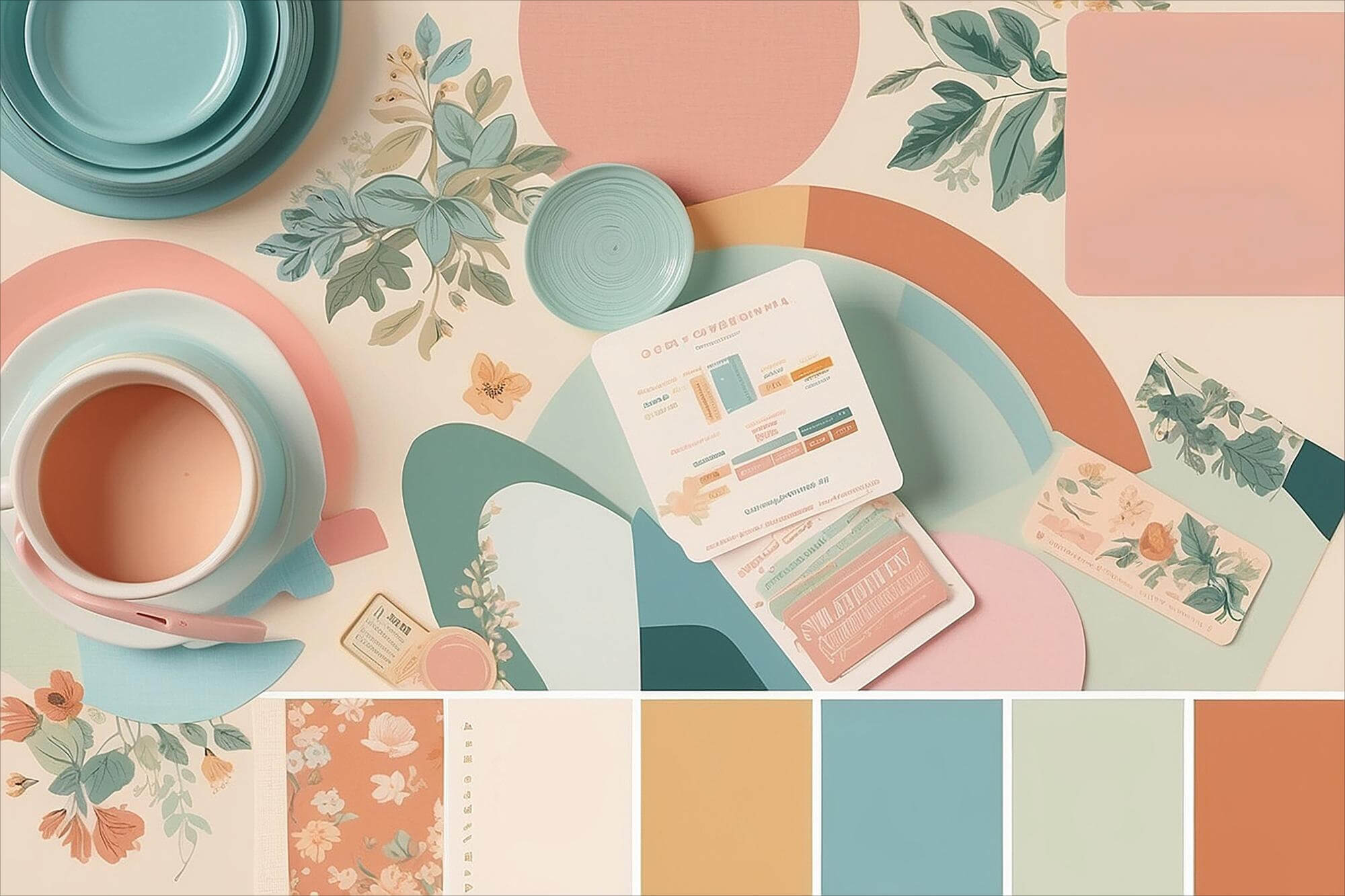 Muted color palette flat lay featuring pastel tableware, floral patterns, and design swatches in sage green, blush pink, terracotta, and dusty blue — styled for modern branding and product design inspiration.