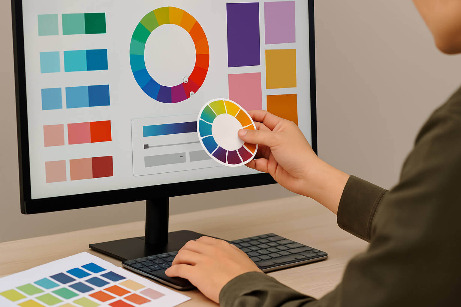 UI designer adjusting color wheel and swatches on a computer screen
