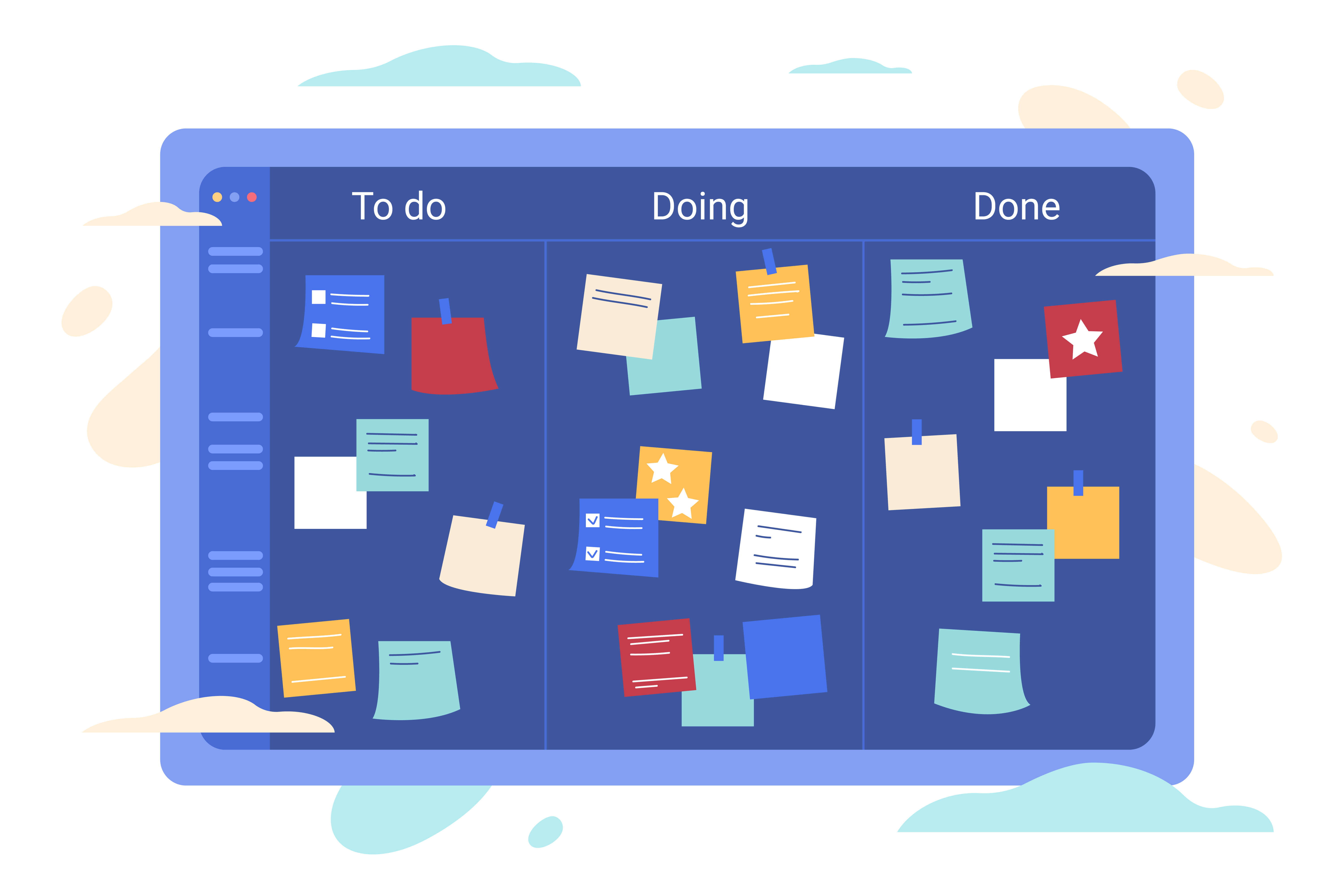Digital Kanban board interface showing “To Do,” “Doing,” and “Done” columns with task cards