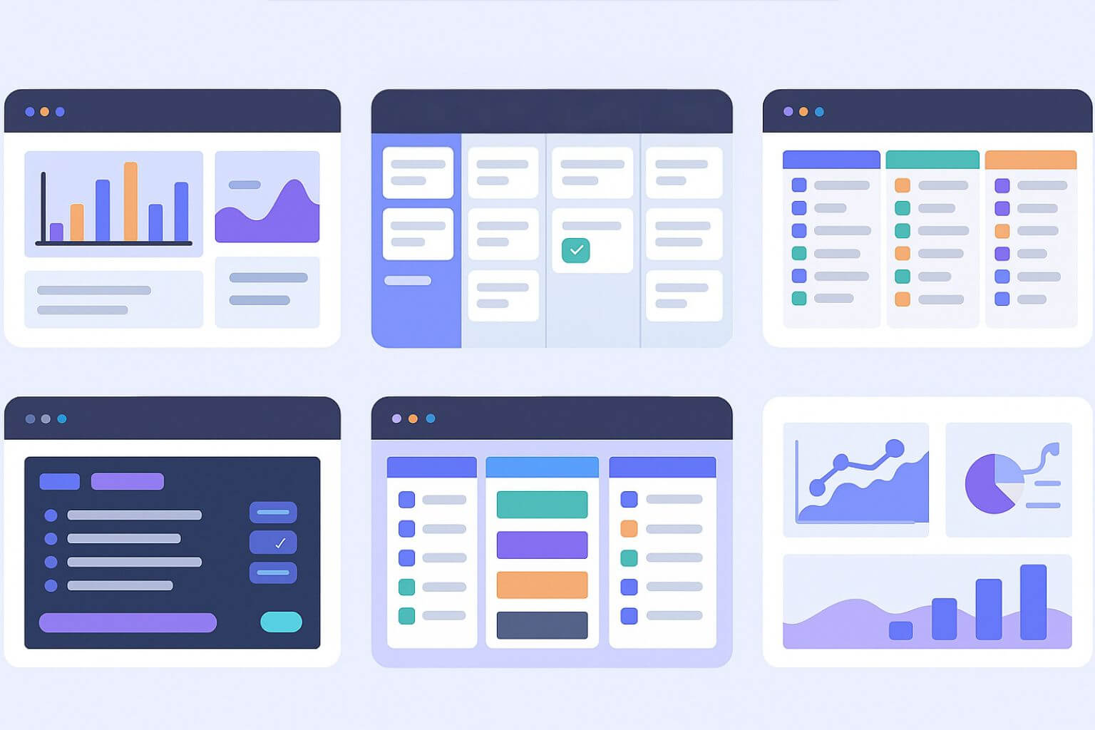 UI thumbnails of six product management tools with charts, boards, and task views