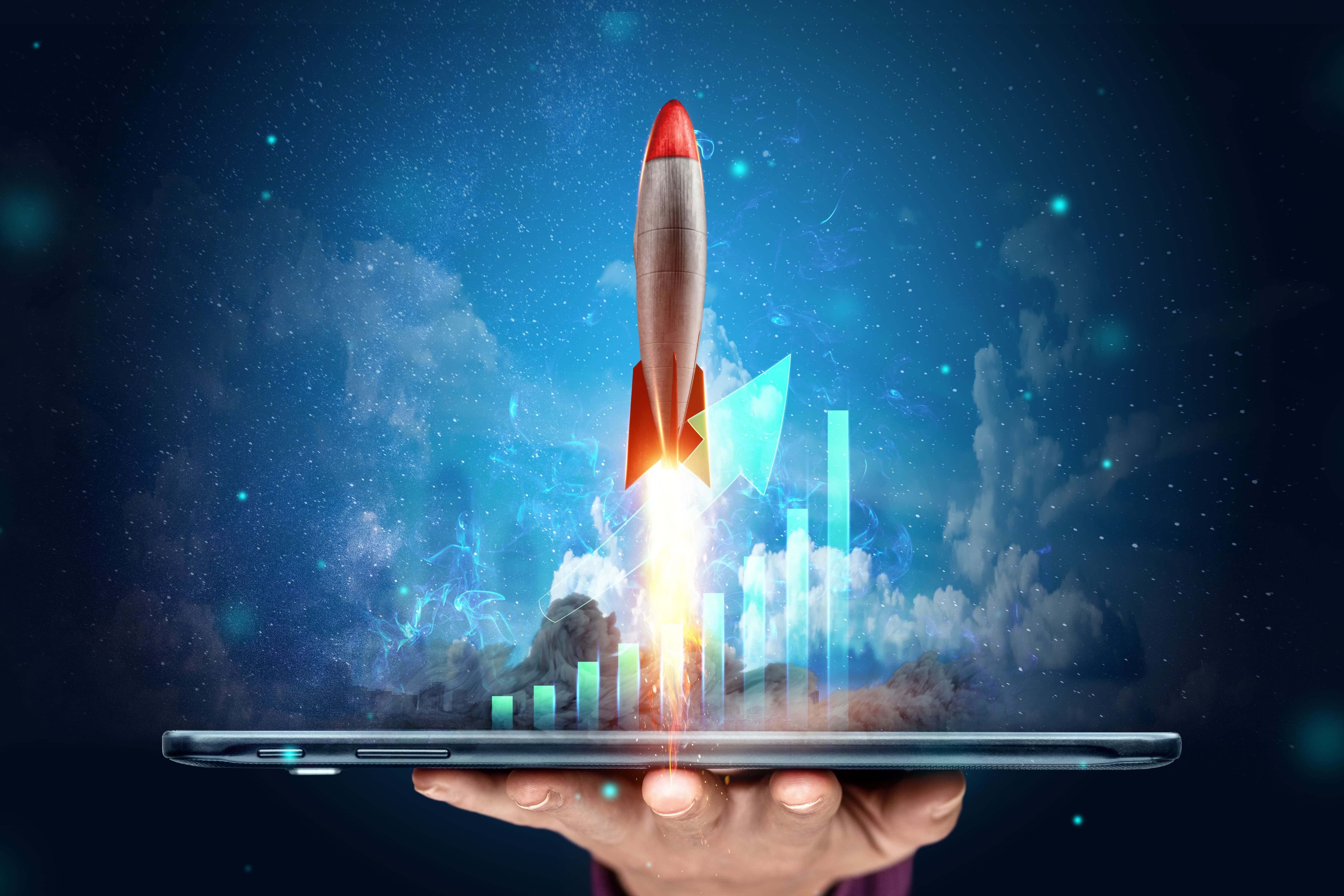 Rocket launching from a tablet, symbolizing digital growth powered by UI/UX improvements