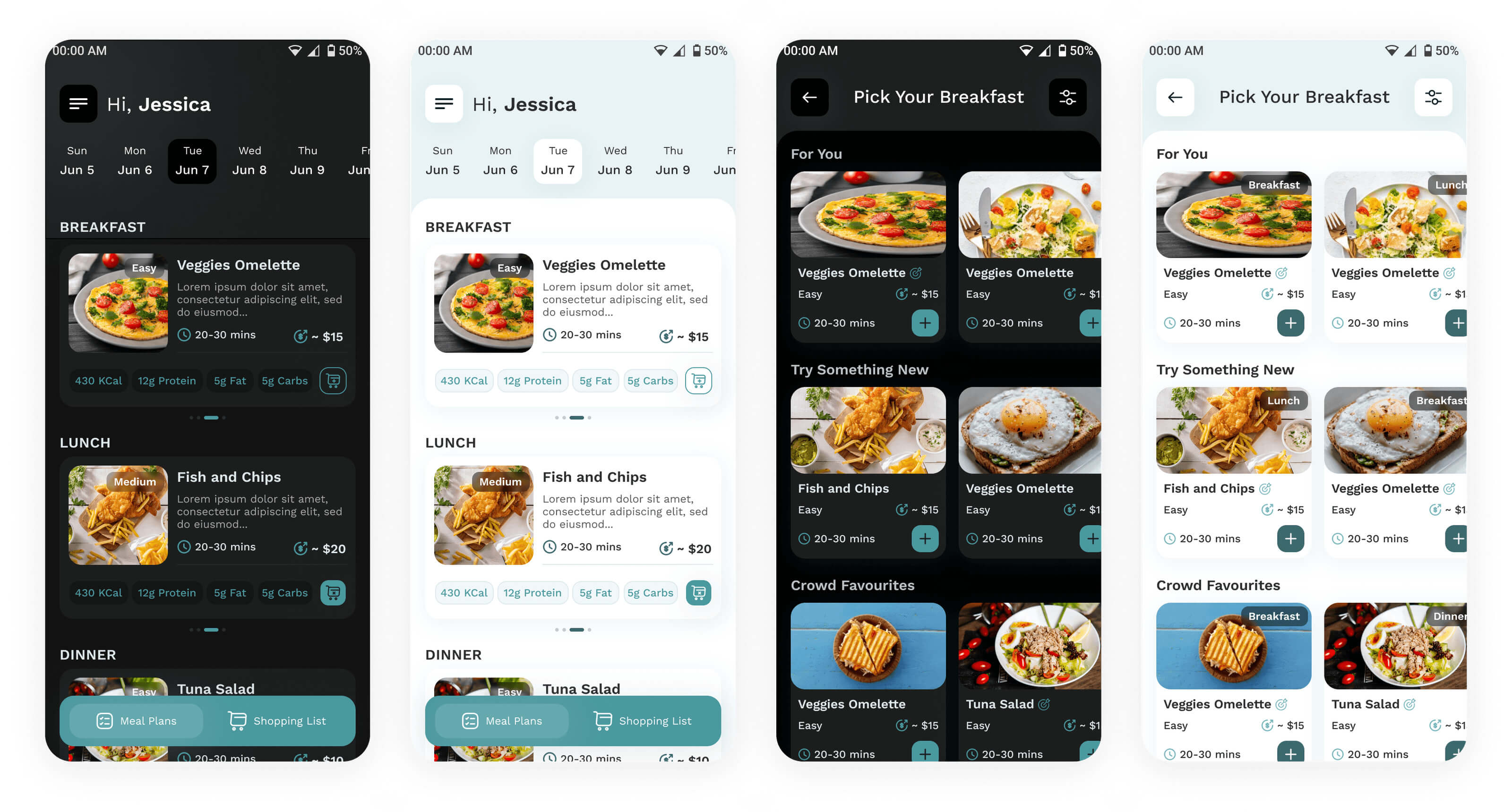 Meal planning app in light and dark mode with food cards