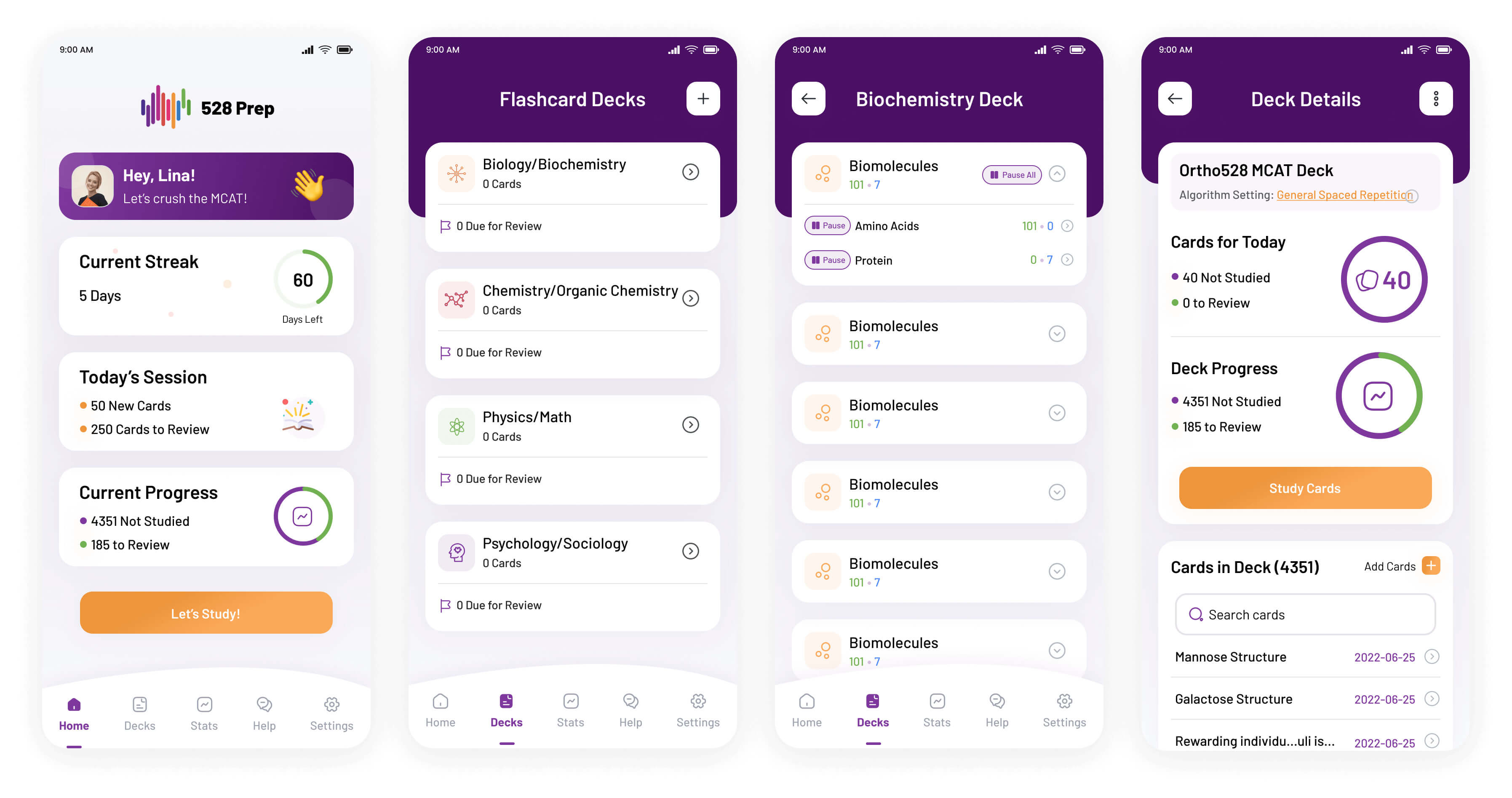 Study app UI with flashcard decks in purple and white