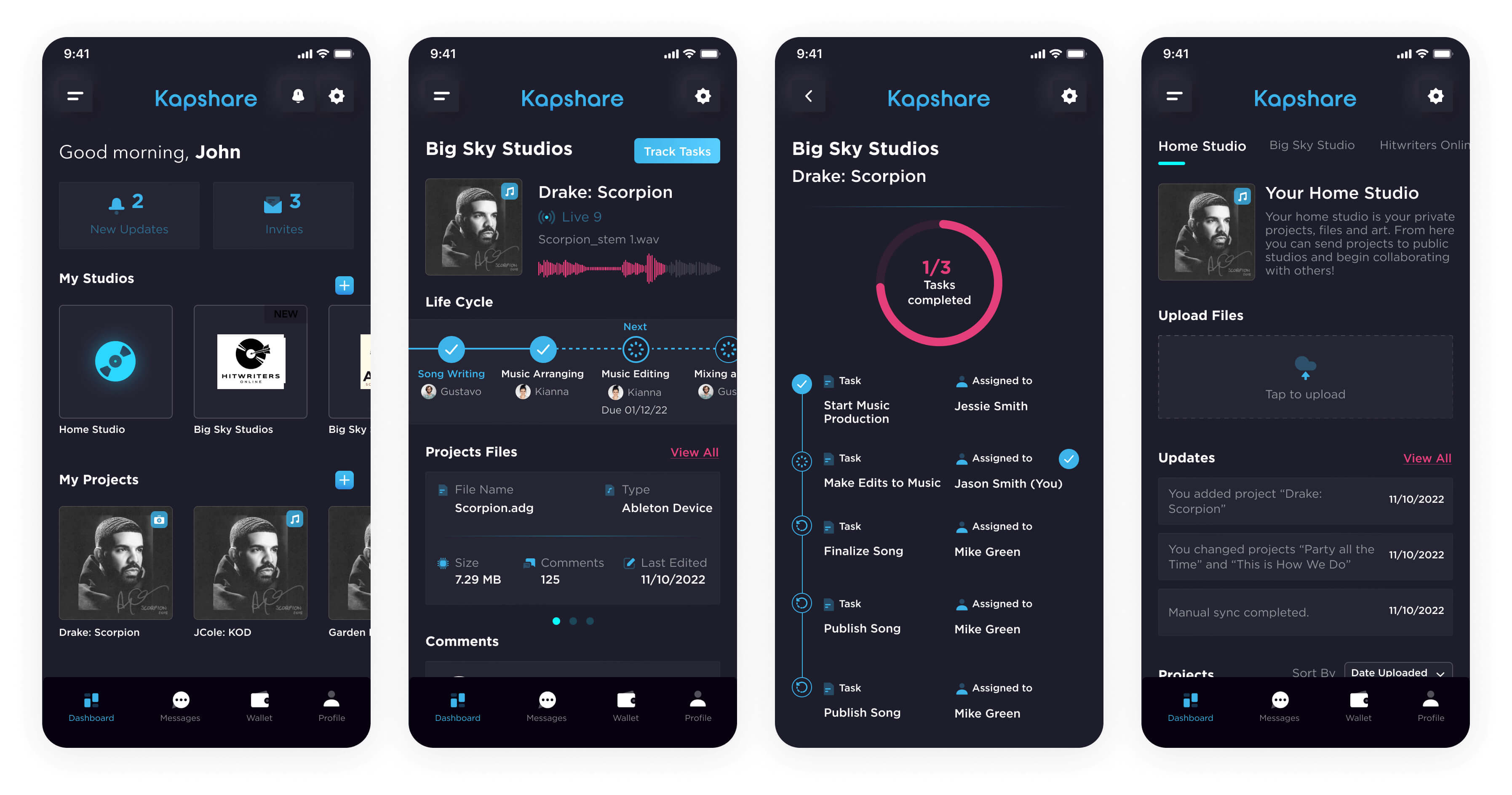 Music project UI with task tracking and dark visual style