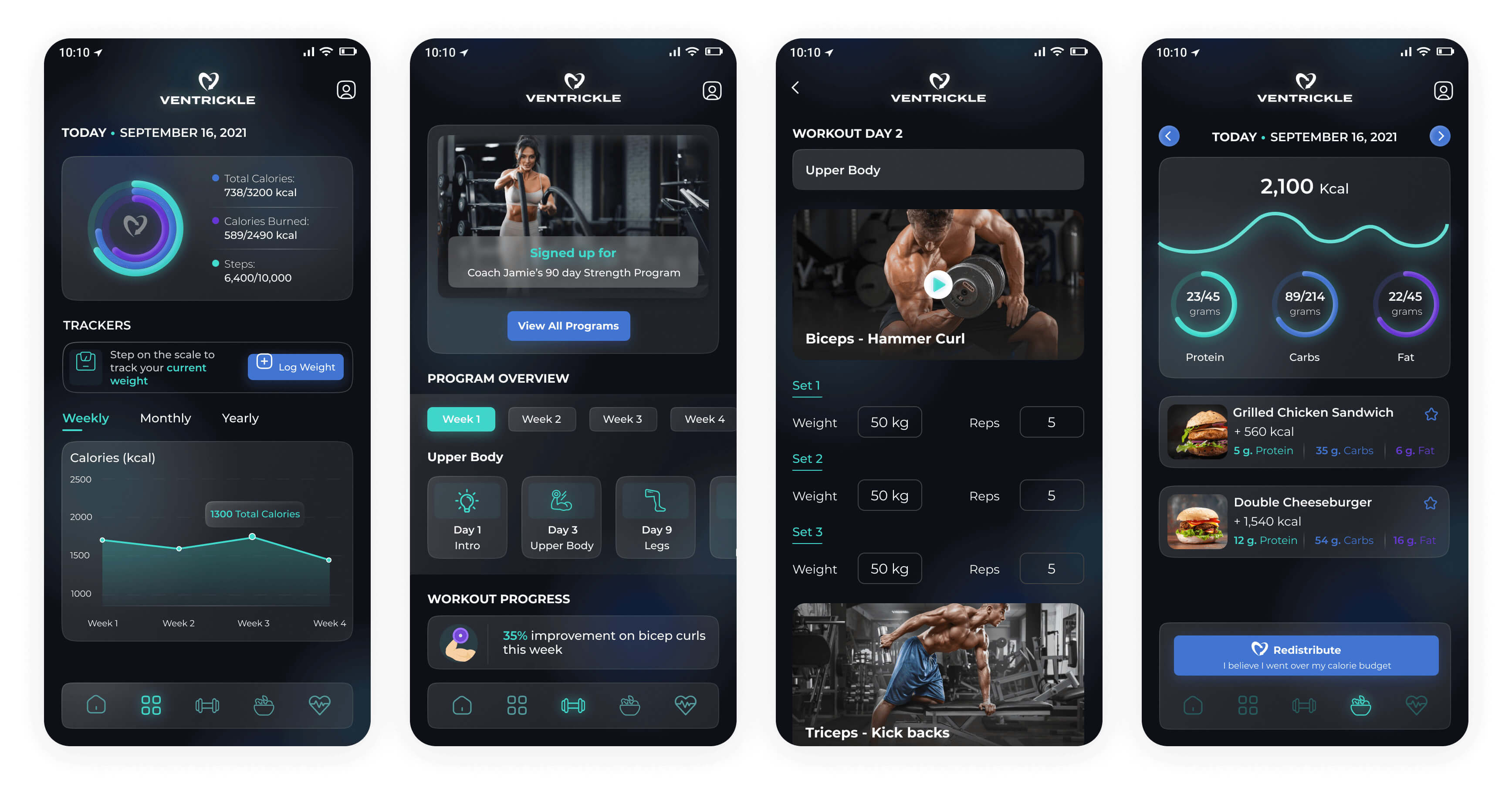 Fitness app UI with dark background, neon charts, and workout tracking
