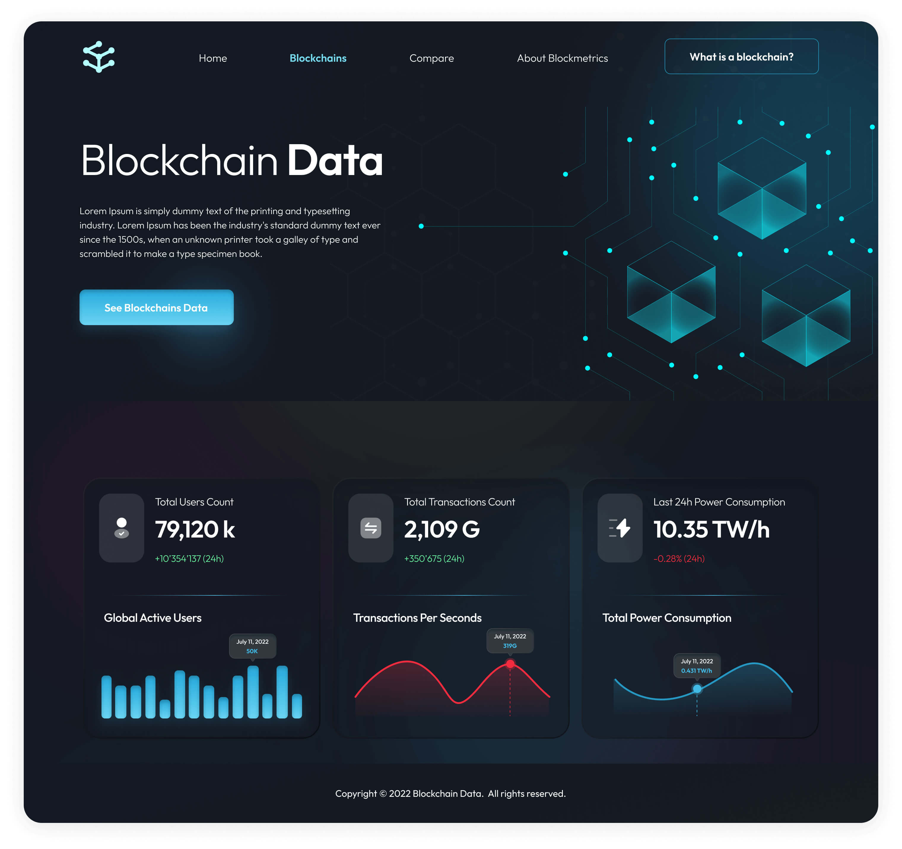 Blockchain dashboard with dark theme and neon blue highlights