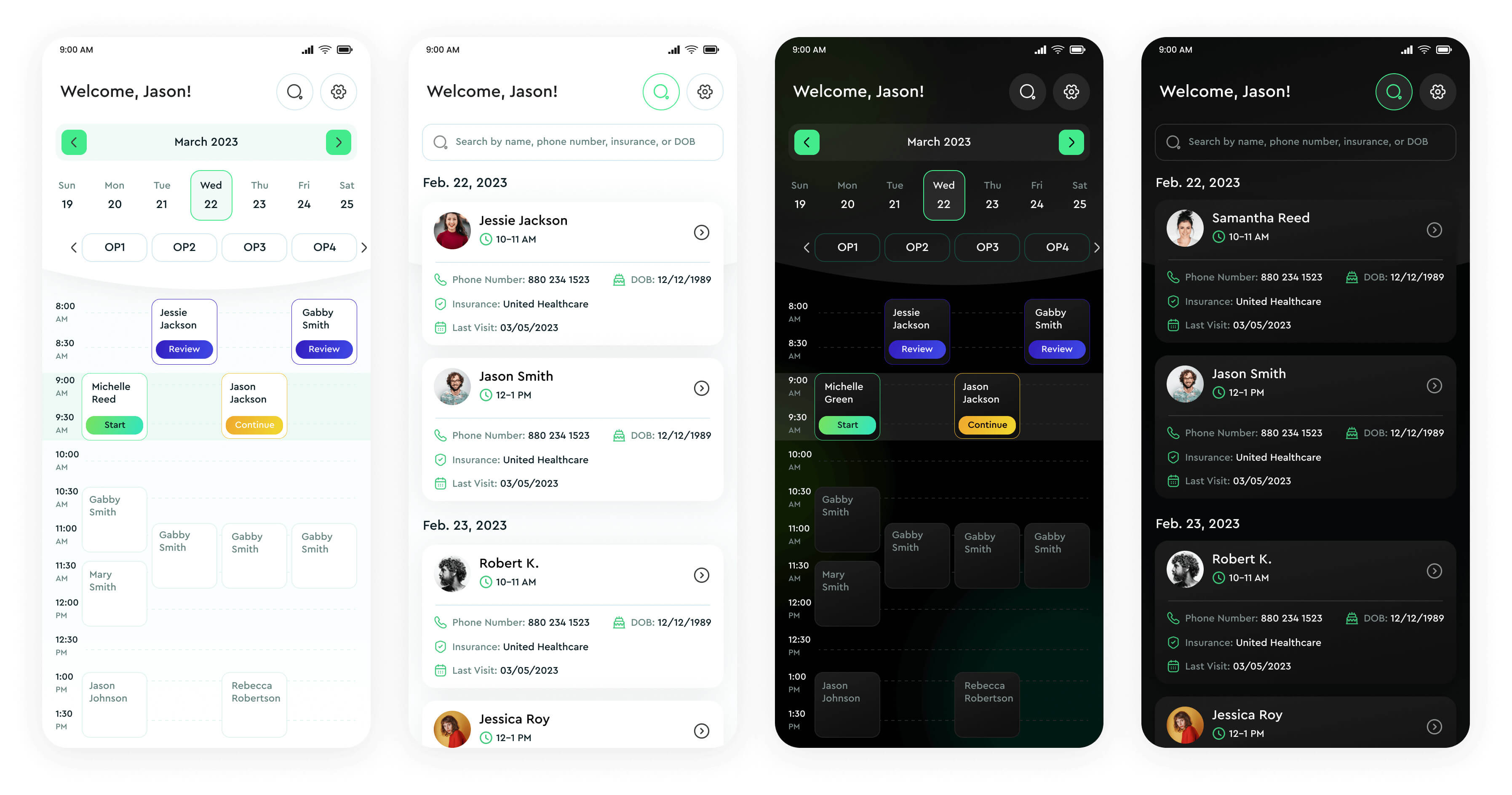 Healthcare app UI with light and dark mode scheduling and patient details