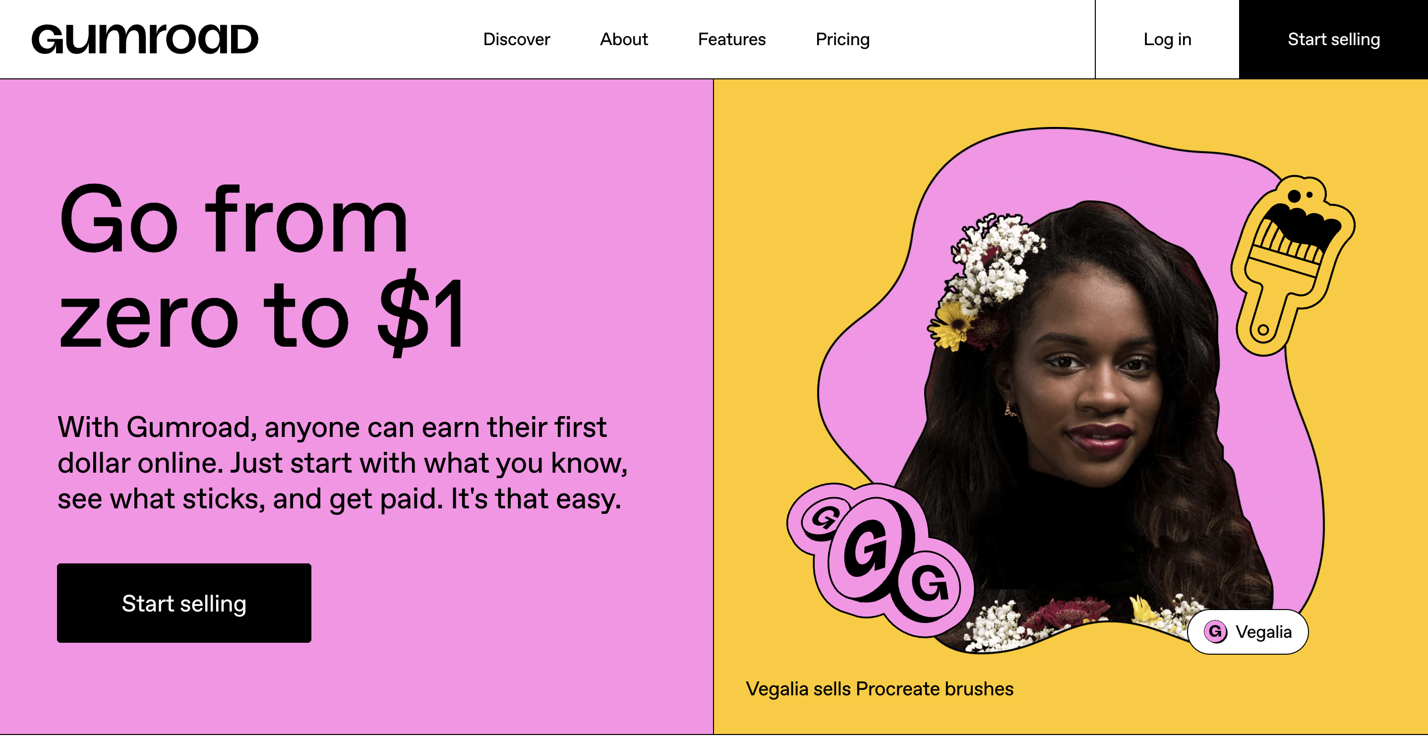 Gumroad homepage with vibrant pink and yellow background, oversized typography, and expressive layout.