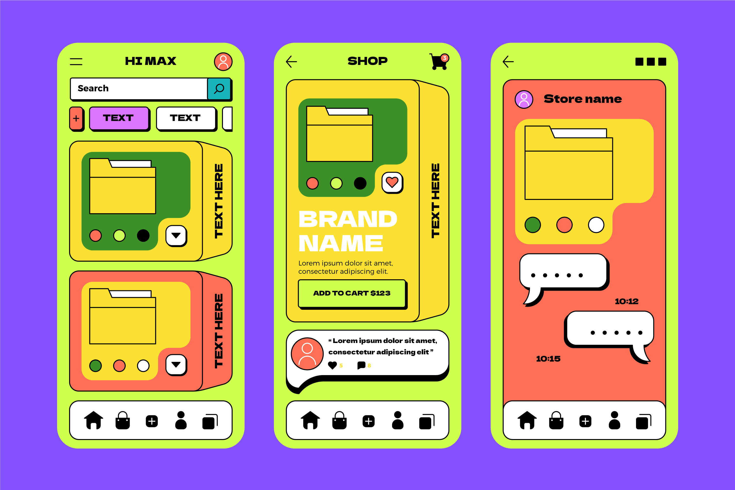 Mobile UI with bold outlines and geometric color blocks.