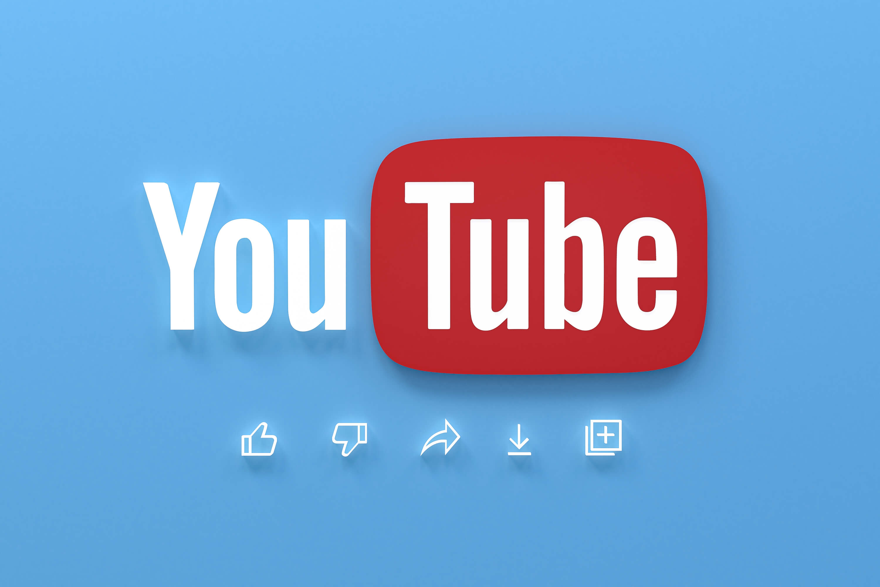 YouTube 3D logo on blue background with interaction icons