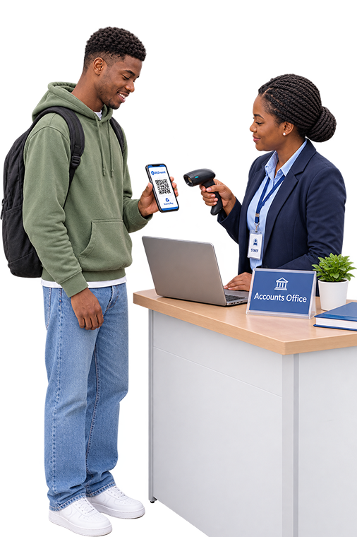 Young man holding a smartphone displaying a QR code, facing a woman behind an accounts office desk who is scanning the code with a barcode scanner.