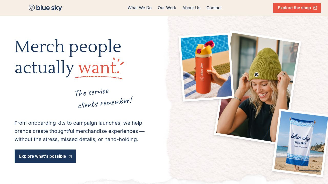 Blue Sky Marketing Group homepage with the Merch people actually want hero section.