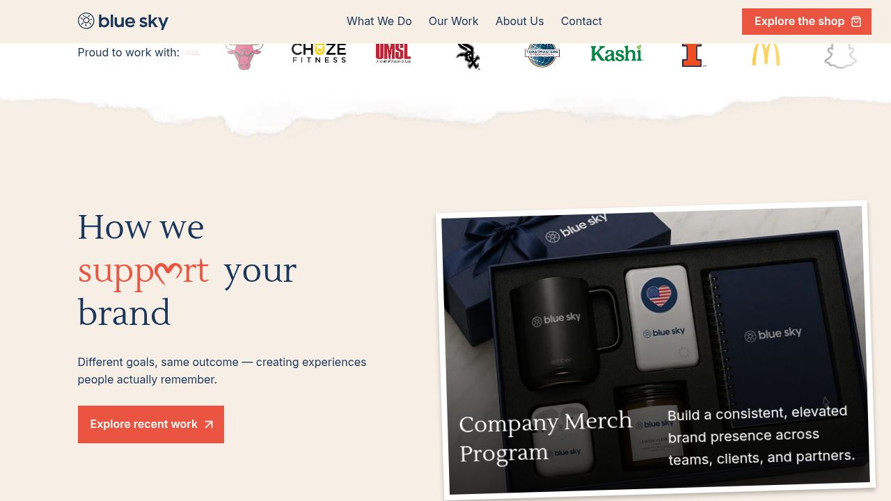 Blue Sky homepage service cards for merch programs, campaigns, employee gifting and online stores.
