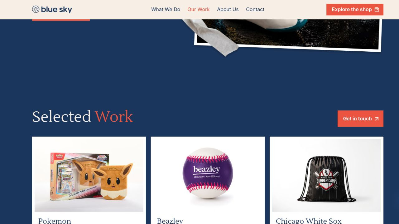 Blue Sky Marketing Group Our Work page with the featured Shoey Bar project and selected case studies.