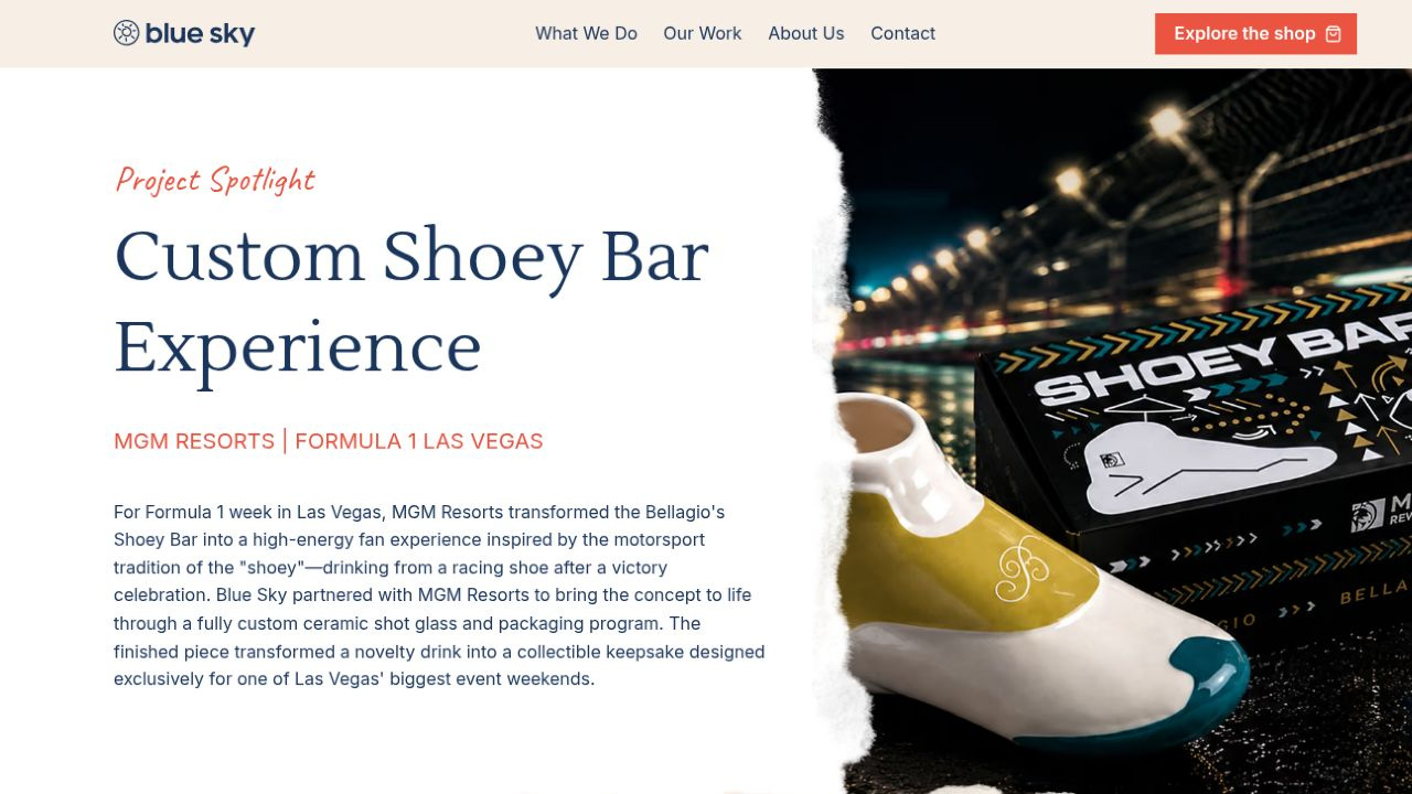 Custom Shoey Bar Experience case-study page for MGM Resorts and Formula 1 Las Vegas.