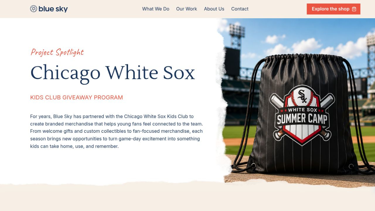 Chicago White Sox Kids Club case-study page with program details and custom merchandise imagery.