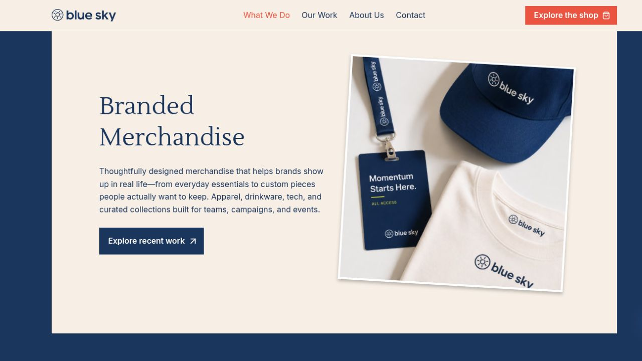 Blue Sky Marketing Group What We Do page presenting branded merchandise and online store services.
