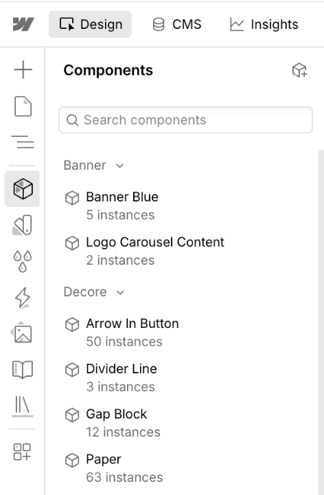 Webflow Components panel showing the reusable Blue Sky page, project, decoration, and UI component library.