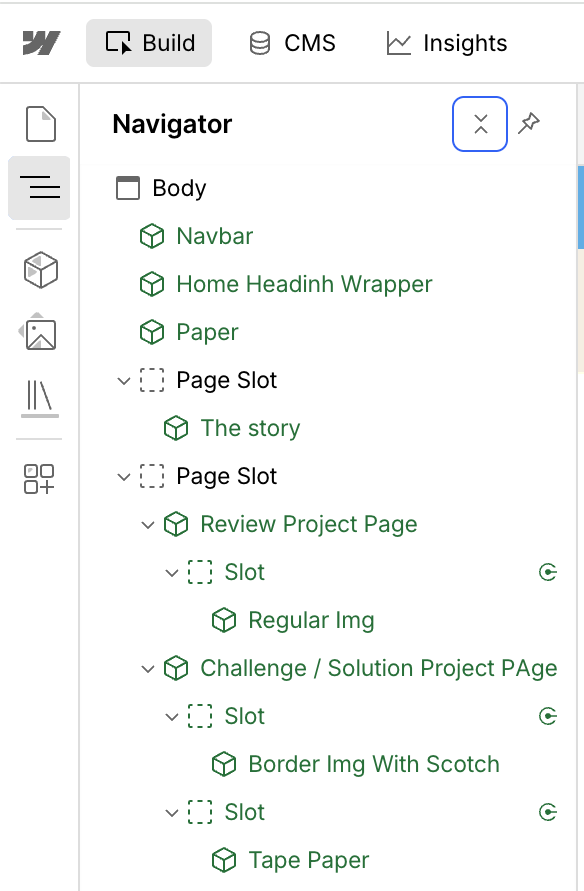 Webflow Build mode Navigator showing the Blue Sky project page assembled from reusable components, Page Slots, and component slots.