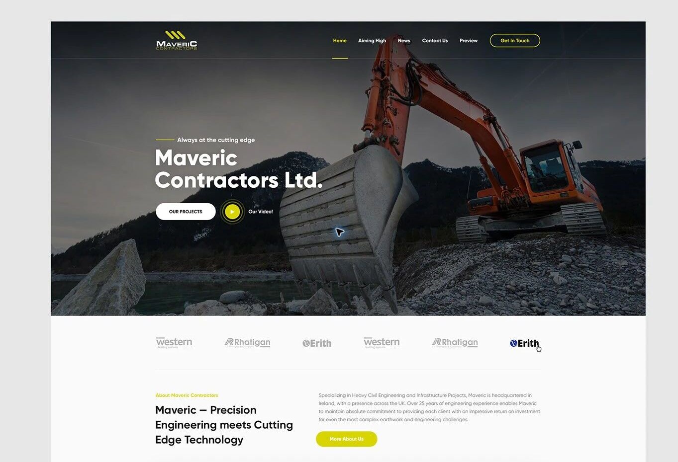 Maveric Contractors homepage with excavator hero, client logos and civil engineering introduction.