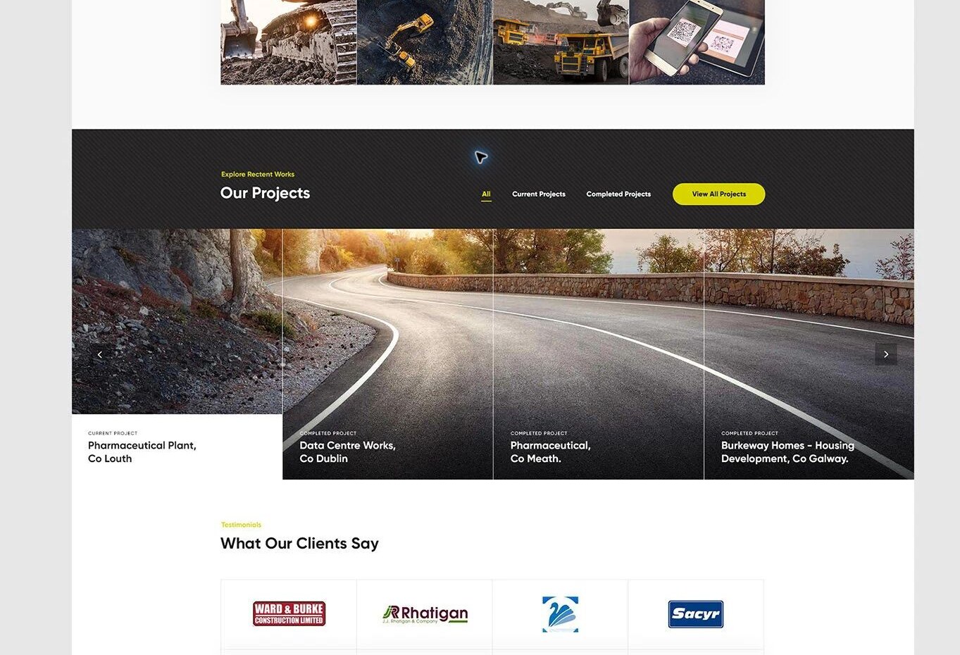 Construction project cards for current and completed work on the Maveric Contractors Webflow website.