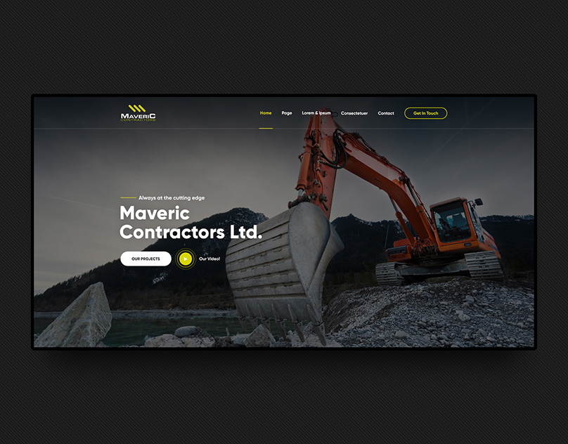 Maveric Contractors civil engineering website homepage shown in a dark industrial brand presentation.