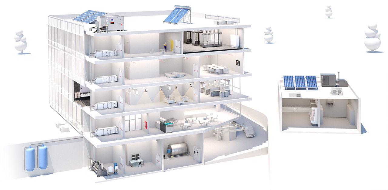 Cutaway 3D building render showing mechanical, energy, and building systems for the Engixo website.