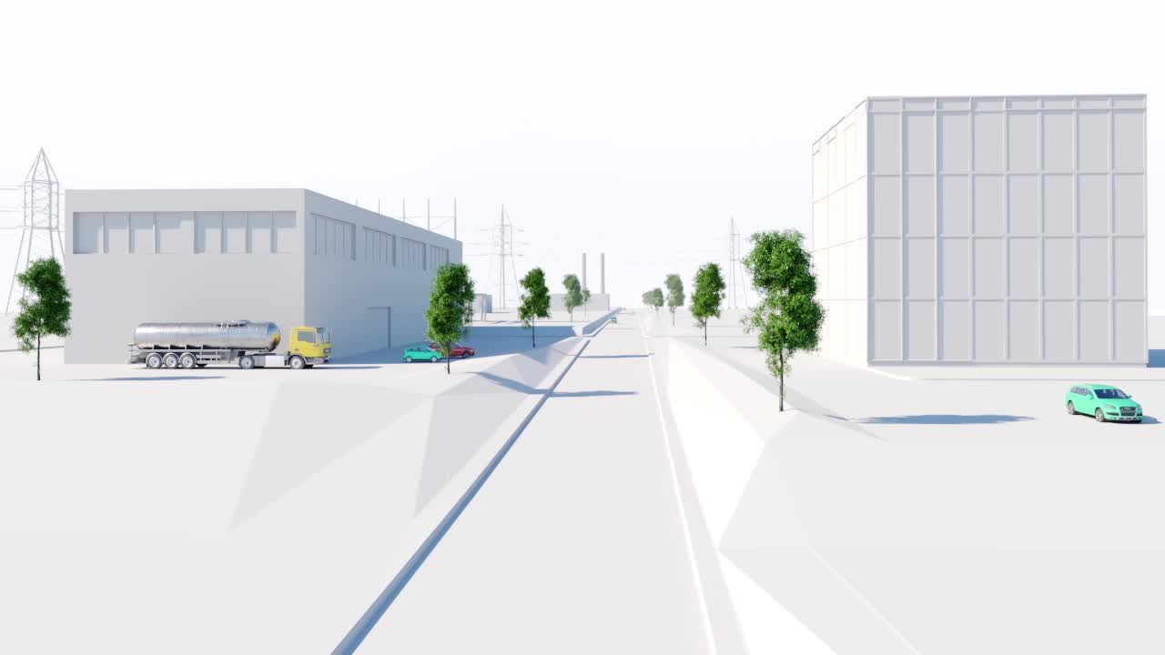 Rendered 3D industrial scene with factory buildings and service vehicles created for Engixo.