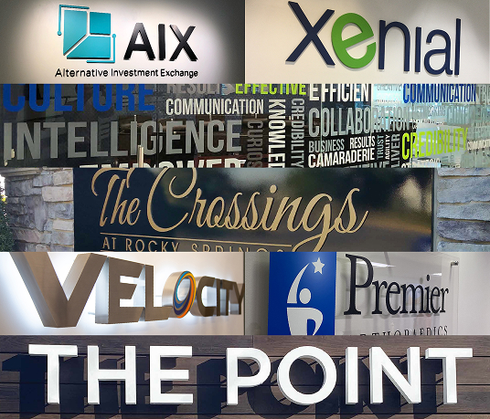 Collage of custom signage examples — wall signs, storefront letters, vehicle graphics