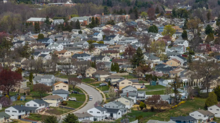 Aerial view of a suburban neighborhood with rows of houses, leafless and blooming trees, and a winding road.
