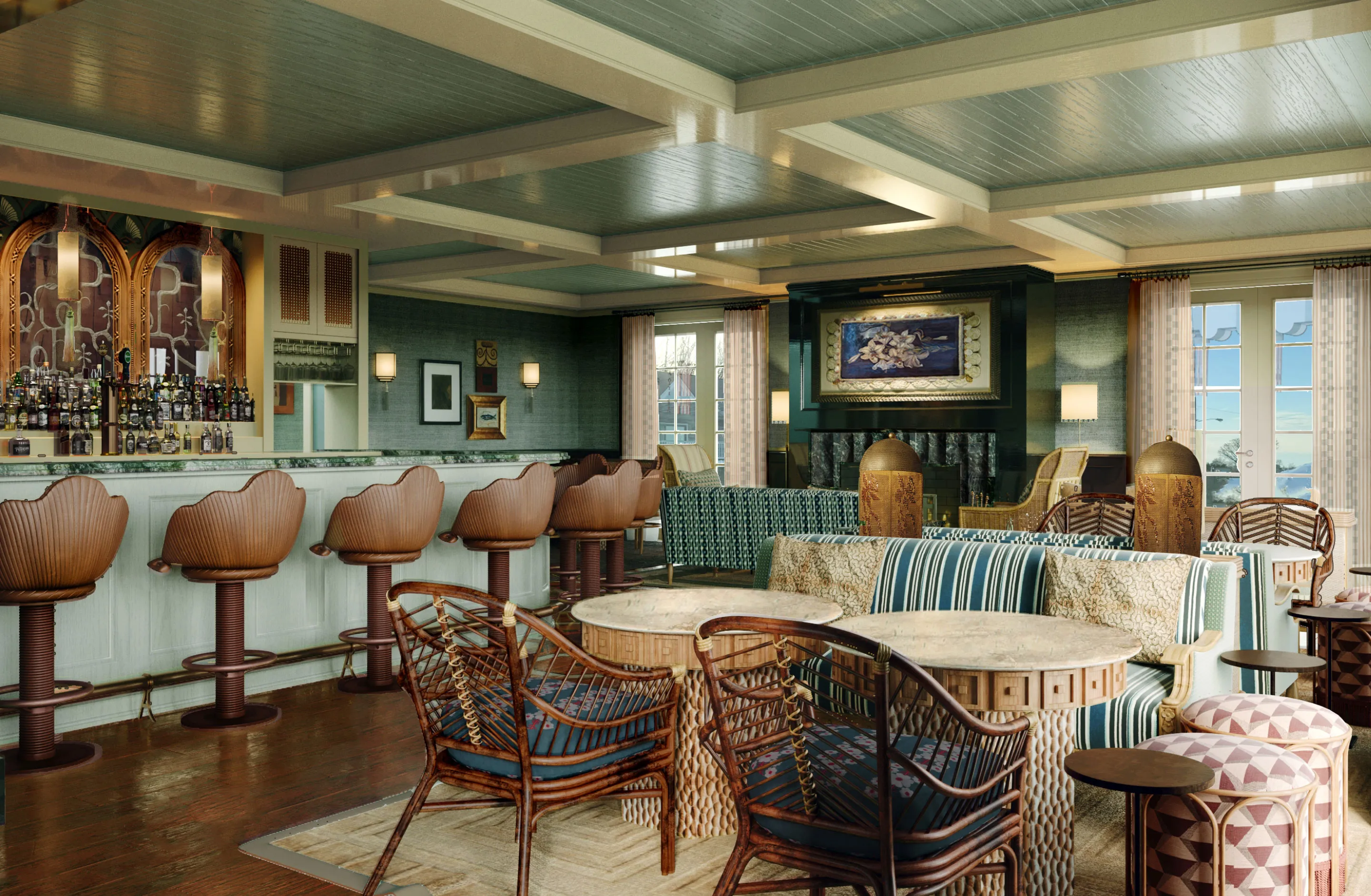 A cozy bar lounge with wicker chairs, striped sofas, a fireplace, and a fully stocked bar under a wooden beamed ceiling.