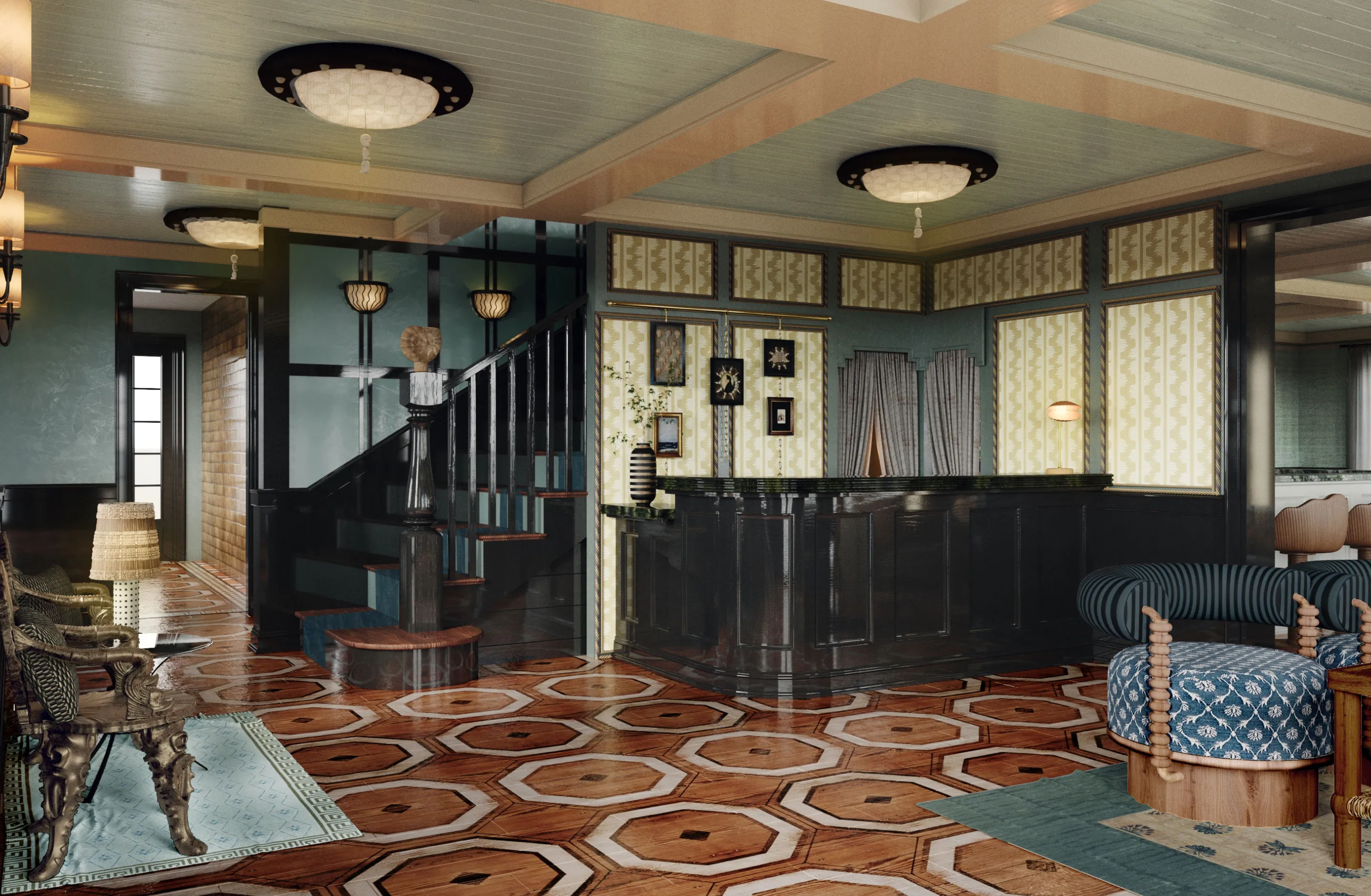 Eclectic living room with patterned wood flooring, black staircase, dark reception desk, and vintage-style furniture and wall decor.