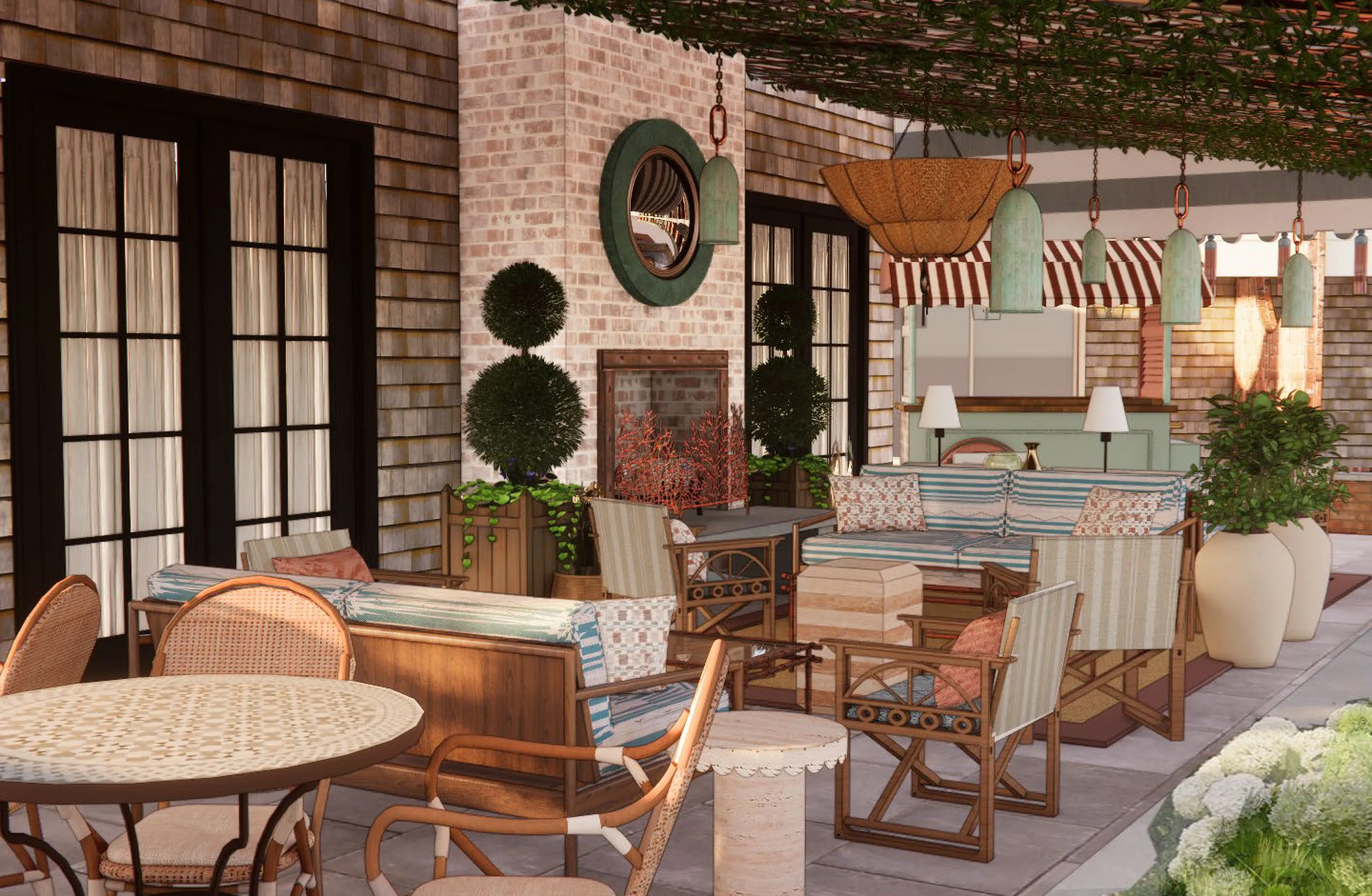 Outdoor patio with wicker seating, round dining table, potted plants, fireplace, and shaded pergola overhead.