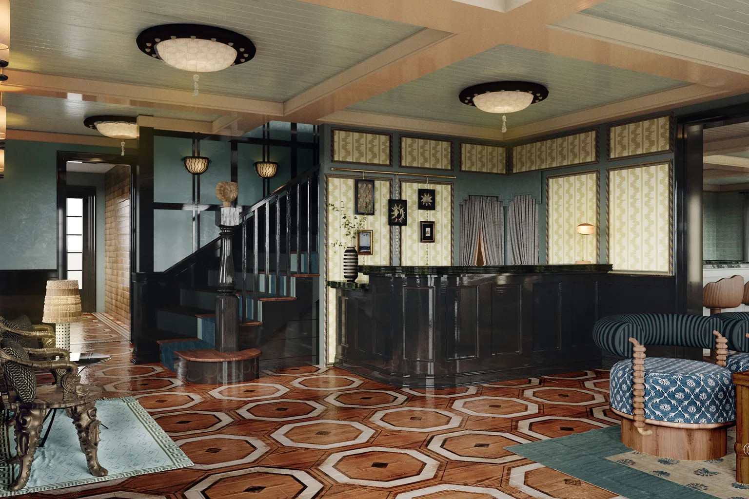 A stylish entryway with patterned wood floors, dark staircase, black reception desk, and eclectic decor on the walls.
