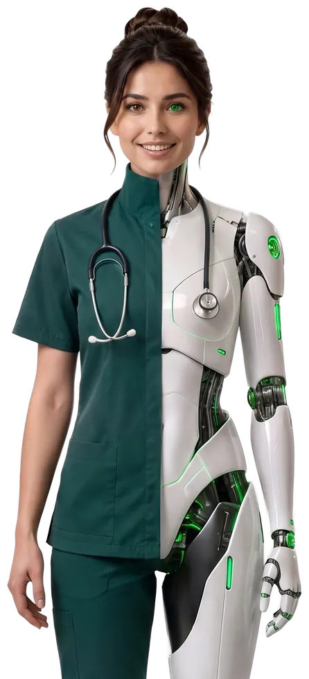 Alli, shown as one figure that is half clinician and half machine.