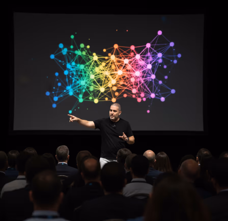 A dark, futuristic conference room filled with business leaders attending an artificial intelligence conference. The atmosphere is professional and high-tech, with cyan and black tones dominating the scene. Sleek lighting accents in neon cyan illuminate the stage, while silhouettes of entrepreneurs in suits engage in discussions and presentations. The overall mood is modern, innovative, and inspiring, showcasing the future of AI in business.