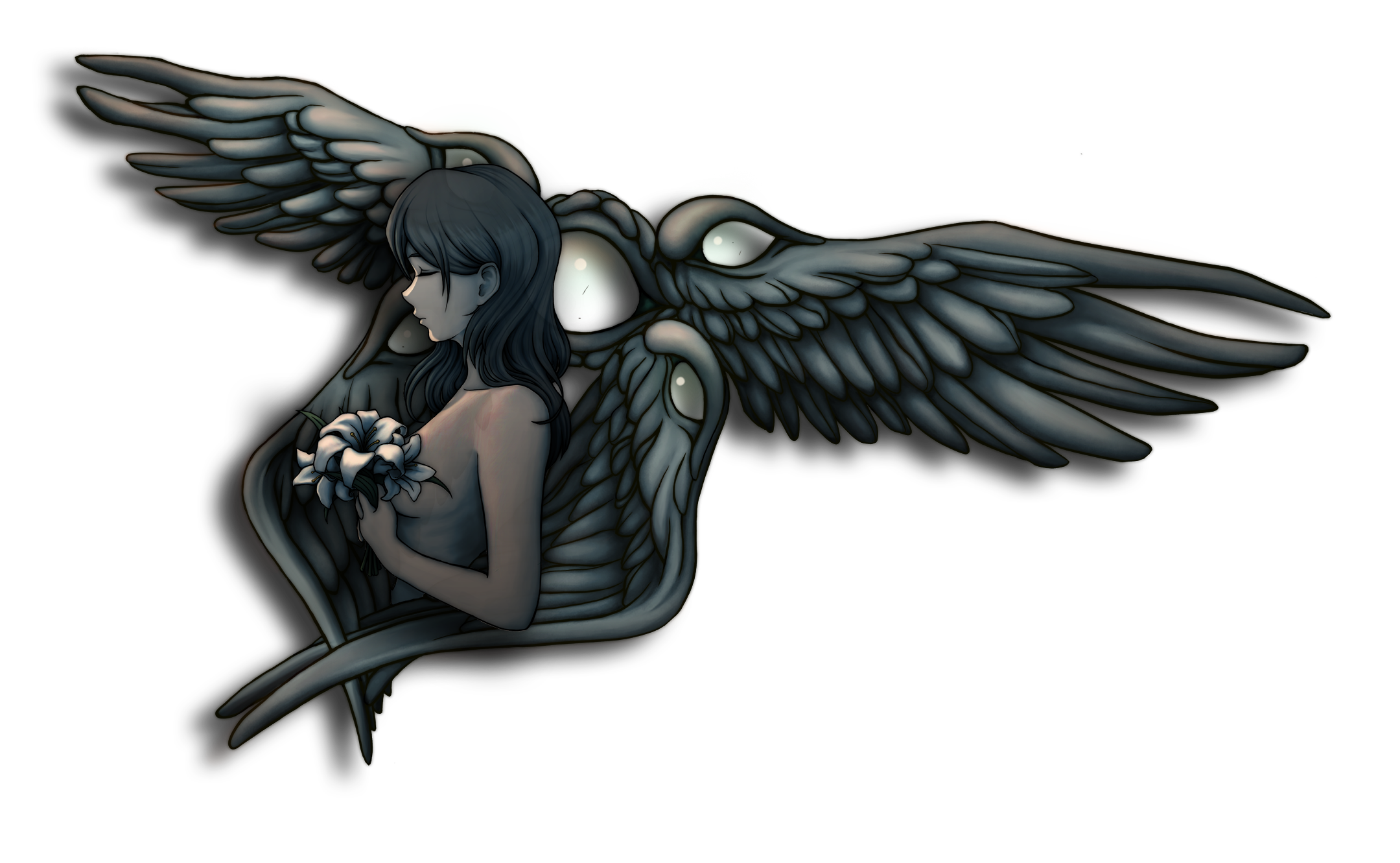 An ominous anime style illustration of a biblical angel embracing a woman holding lilies.