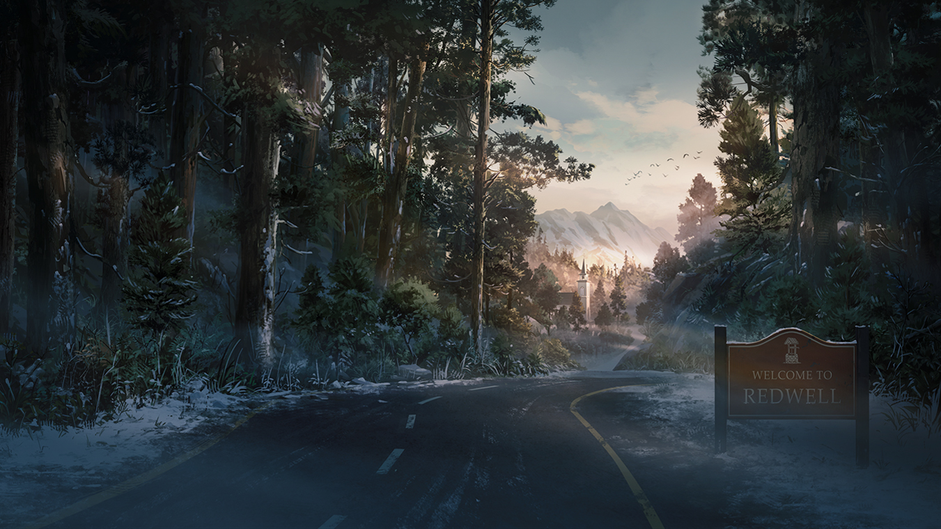 A misty highway at sunrise leading up to a mysterious looking town. A red sign next to the road reads "Redwell".