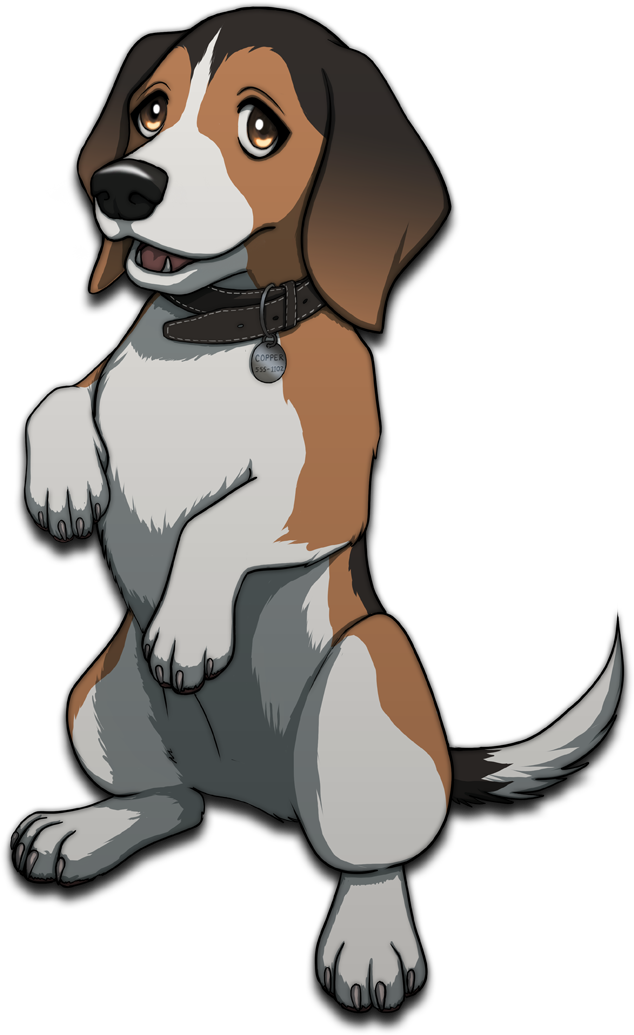 Cartoon beagle dog named Copper sitting up on hind legs with collar and tag.