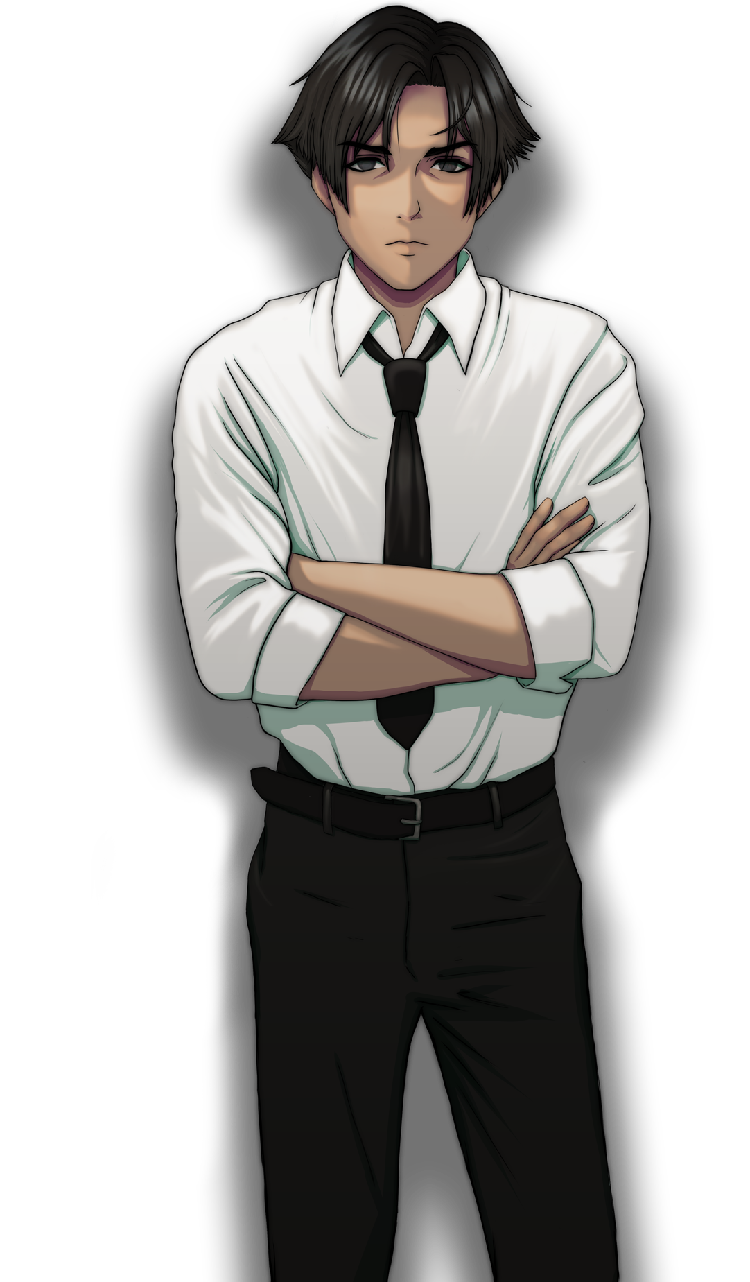 Anime-style illustration of a serious young man in white shirt and black tie with arms crossed.