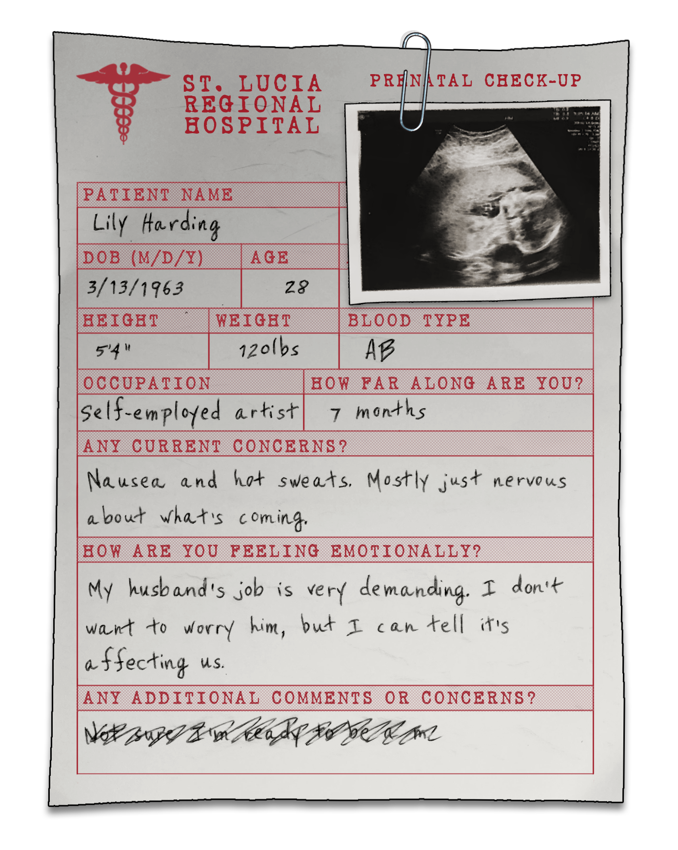 Fictional prenatal checkup form for patient Lily Harding with handwritten notes and ultrasound photo.