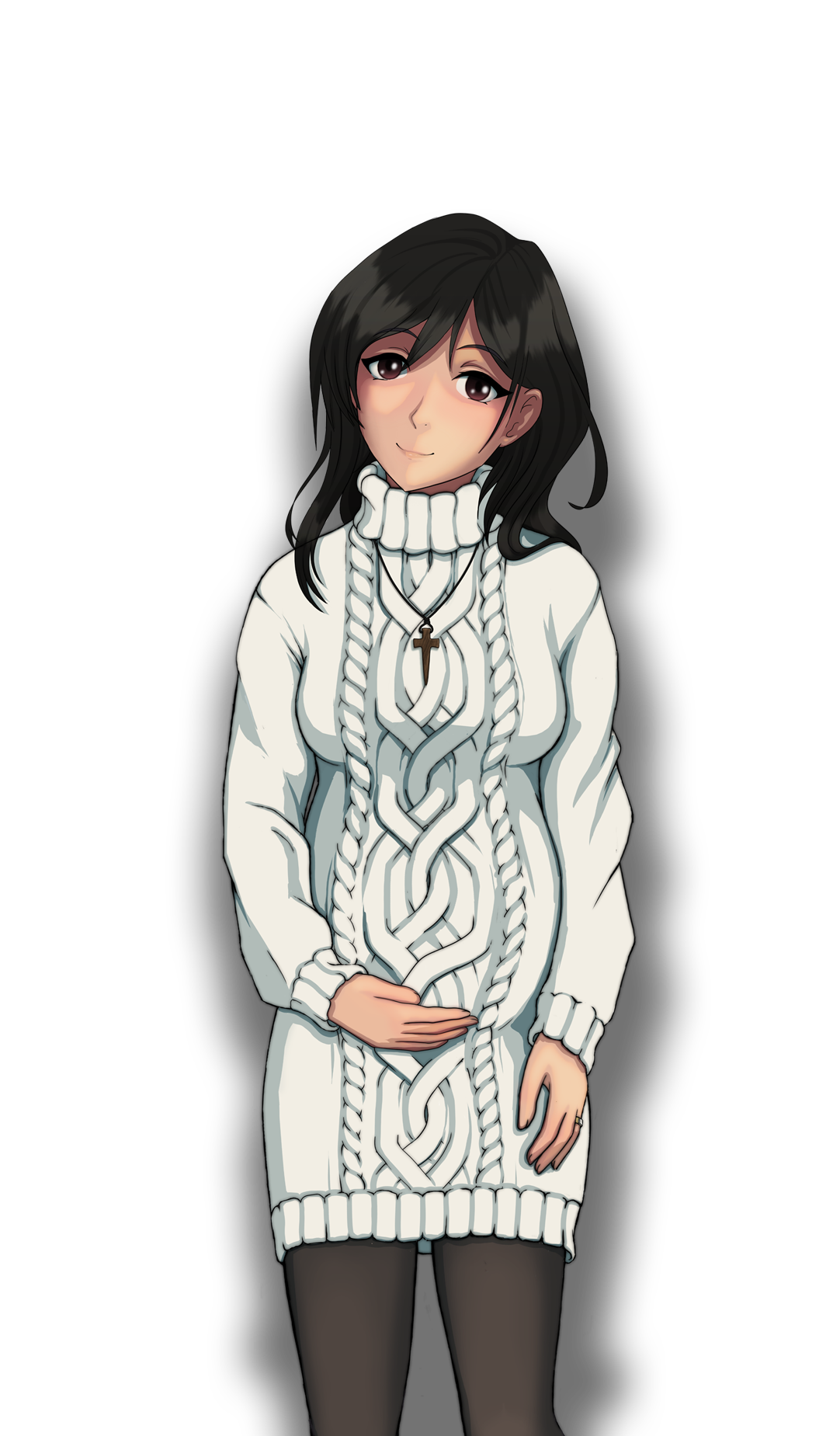 Anime-style illustration of Lily, pregnant woman in white cable-knit sweater dress and cross necklace, gently holding her belly.