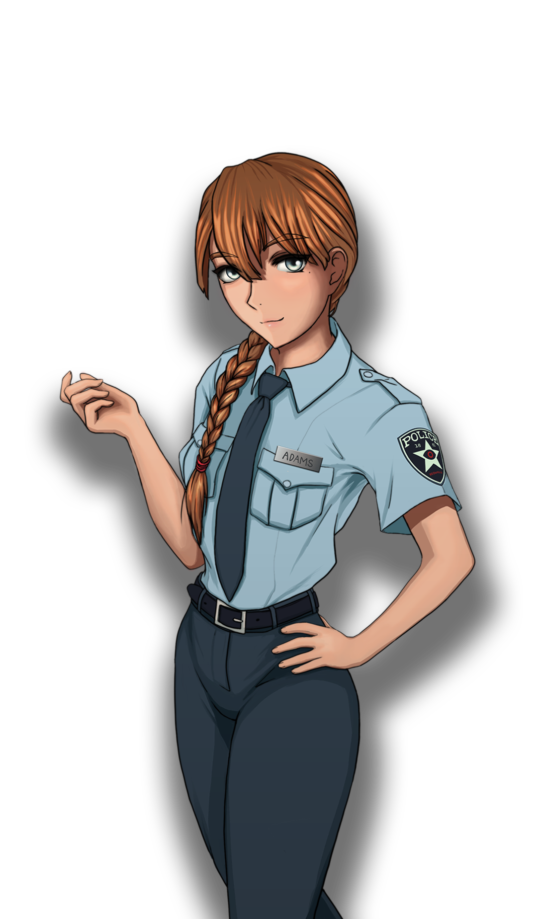 Anime-style illustration of Officer Adams, young woman in light blue police uniform with long braid, posing with one hand on hip.
