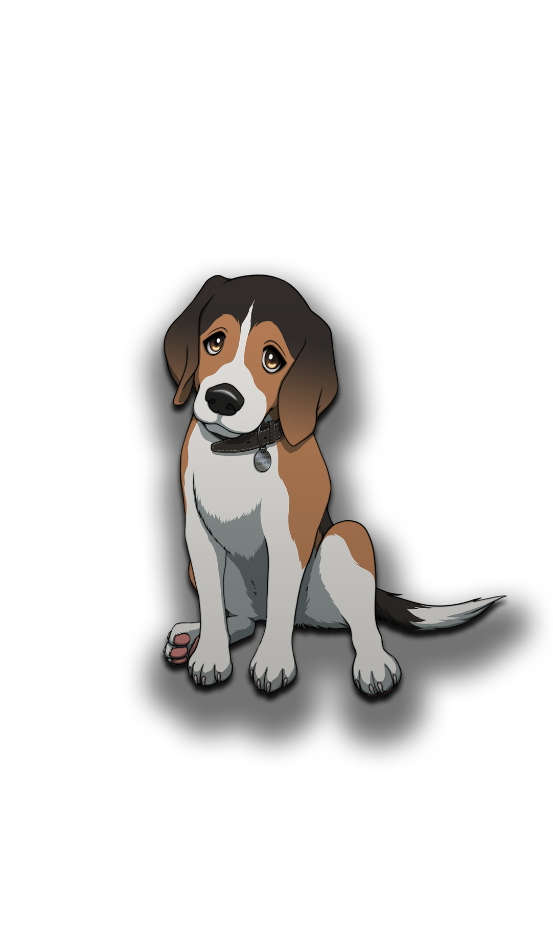 Cartoon beagle dog Copper sitting with one paw raised and big expressive eyes.