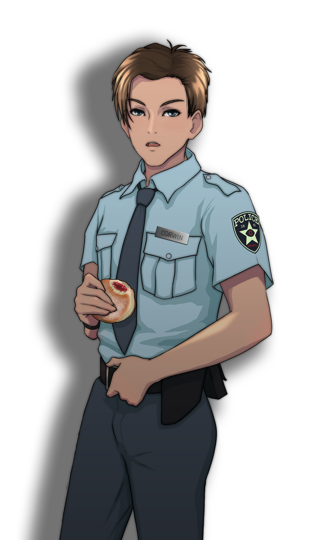 Anime-style illustration of Officer Corwin, young police officer in light blue uniform holding a jelly donut.