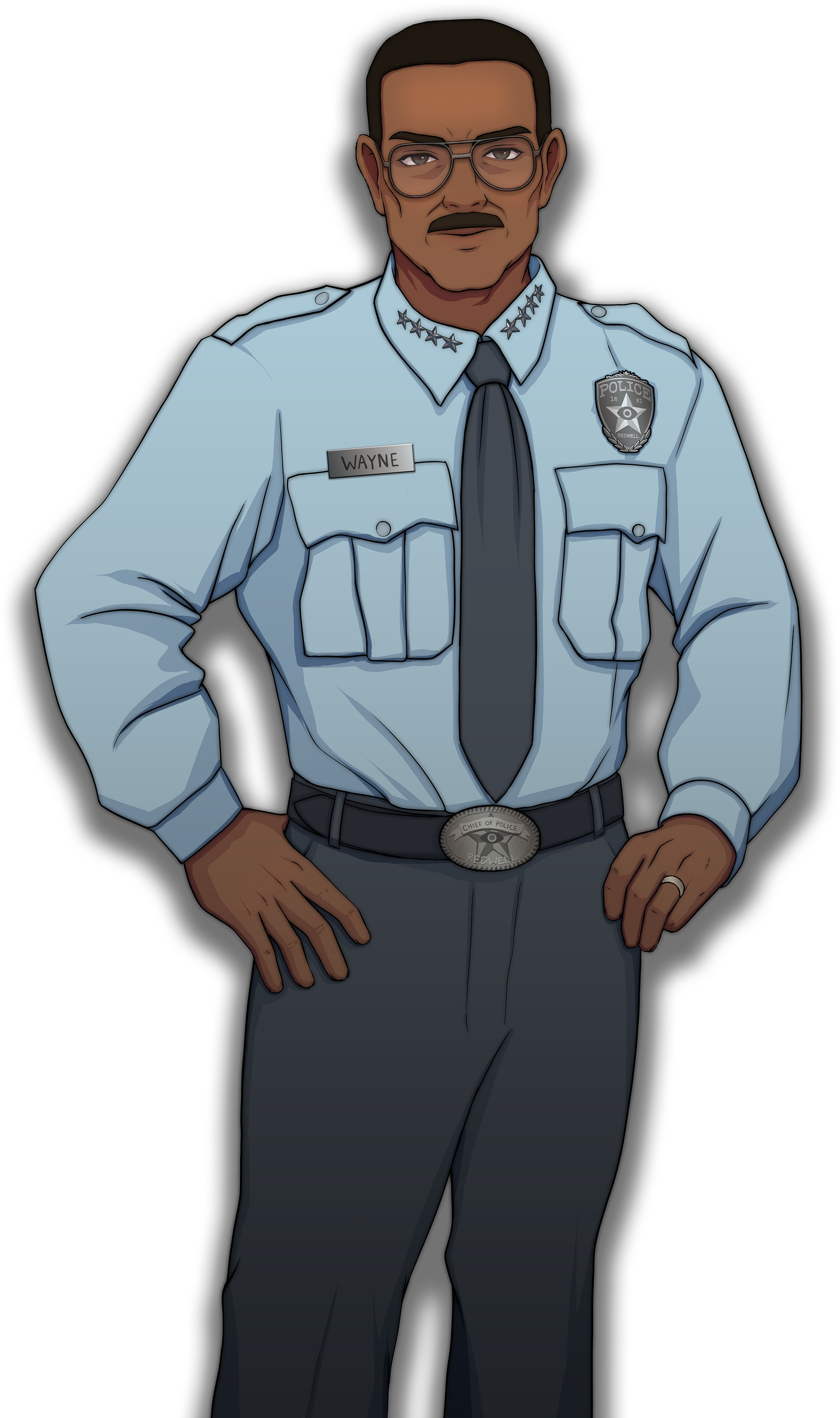 Anime-style illustration of Chief Wayne, middle-aged police officer in blue uniform with badge and glasses, standing confidently.