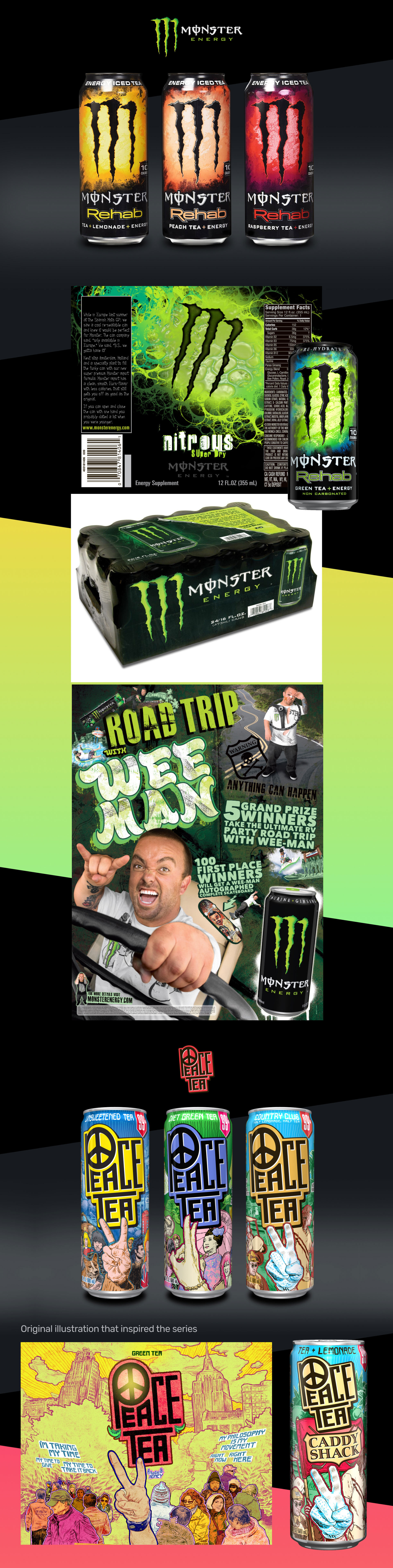Monster Energy Rehab logo and can design by Lisa Lopuck. Peace Tea logo can design by Lisa Lopuck