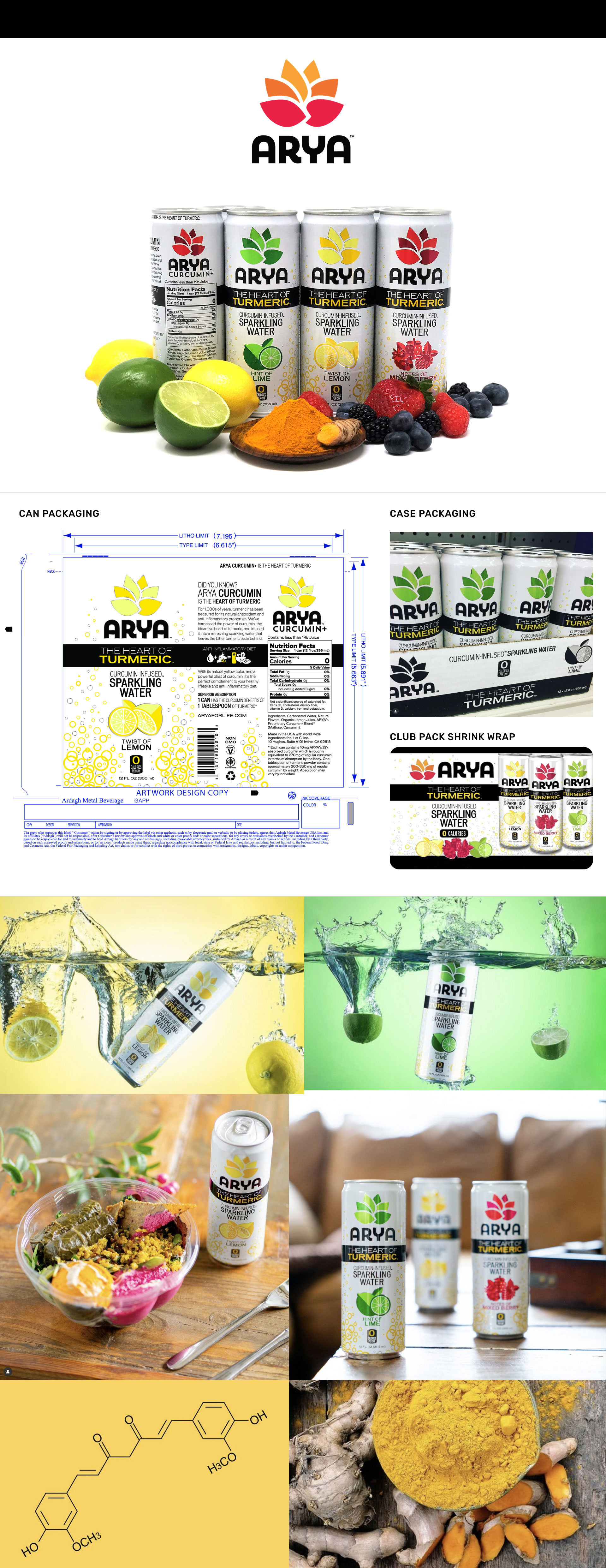 ARYA curcumin turmeric sparkling water. Brand identity and packaging design.