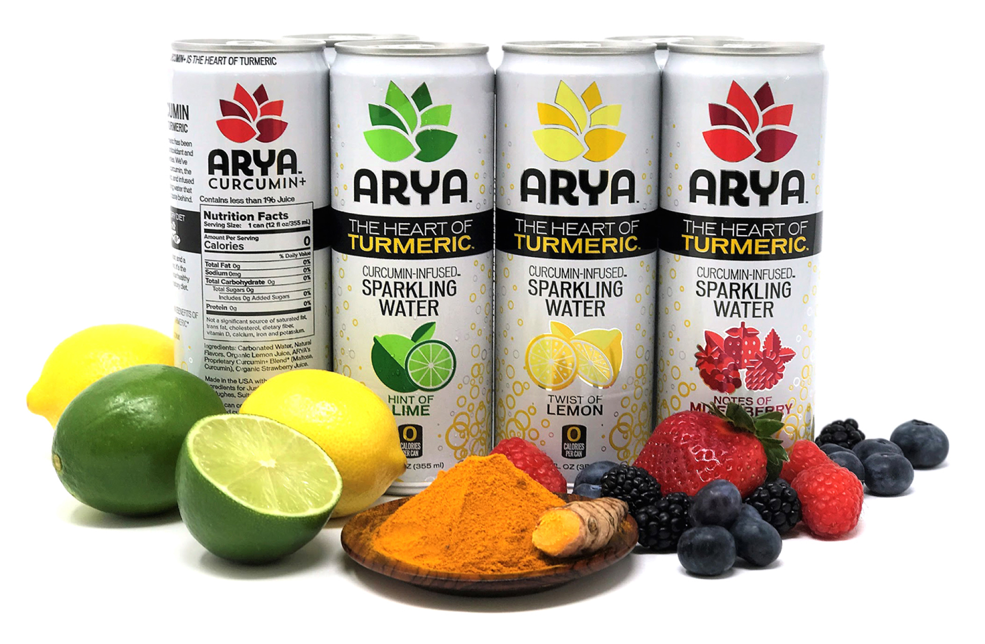 ARYA curcumin turmeric sparkling water. Brand identity and packaging design.