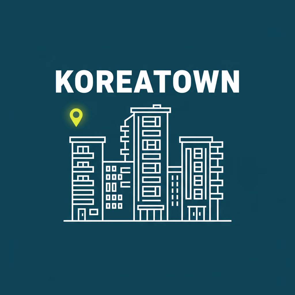 Illustrated Koreatown mid-rise apartment buildings with neighborhood name and location pin